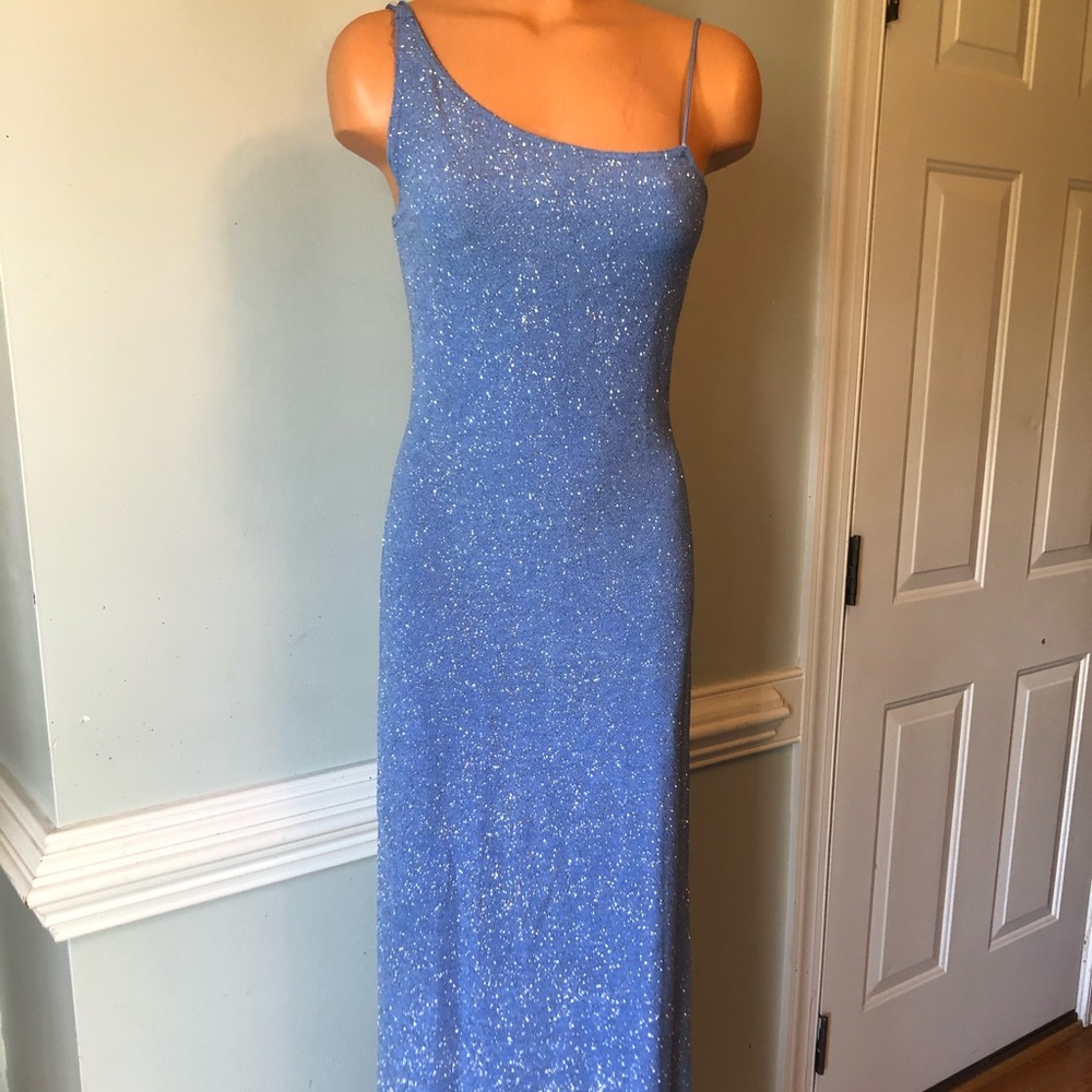 Long blue sparkly dance gown
